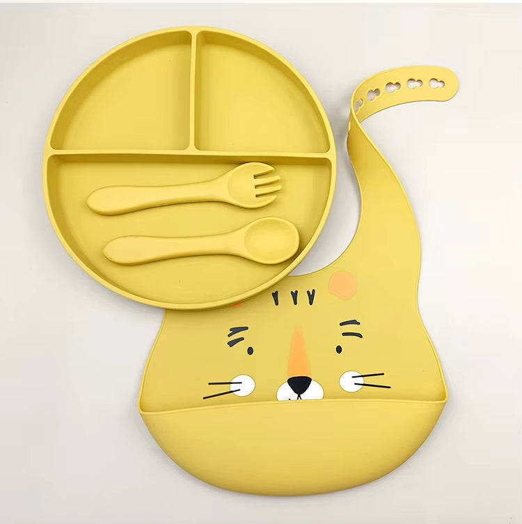 4 Piece Baby Silicone Feeding Set – BPA Free – Bib, Plate, Spoon & Fork