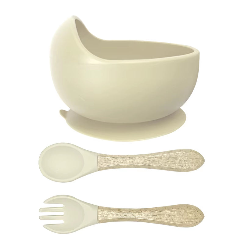 Silicone Bowl with Wooden Handle Spoon & Fork- Momo Tots