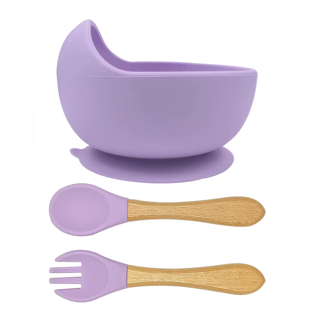 Silicone Bowl with Wooden Handle Spoon & Fork- Momo Tots