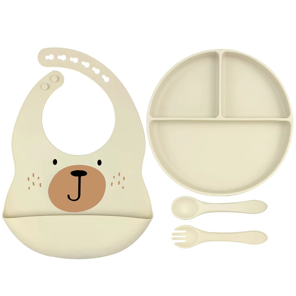 4 Piece Baby Silicone Feeding Set – BPA Free – Bib, Plate, Spoon & Fork