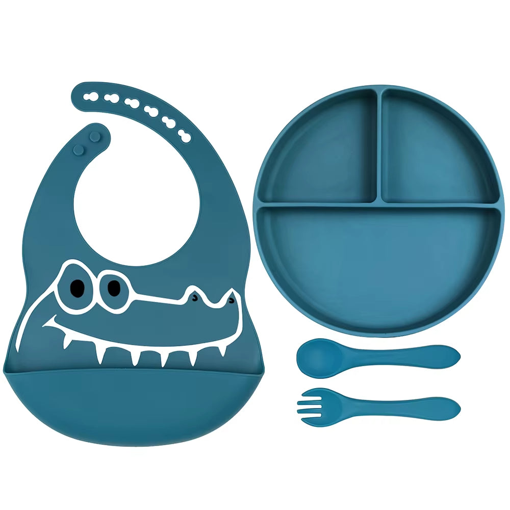 4 Piece Baby Silicone Feeding Set – BPA Free – Bib, Plate, Spoon & Fork