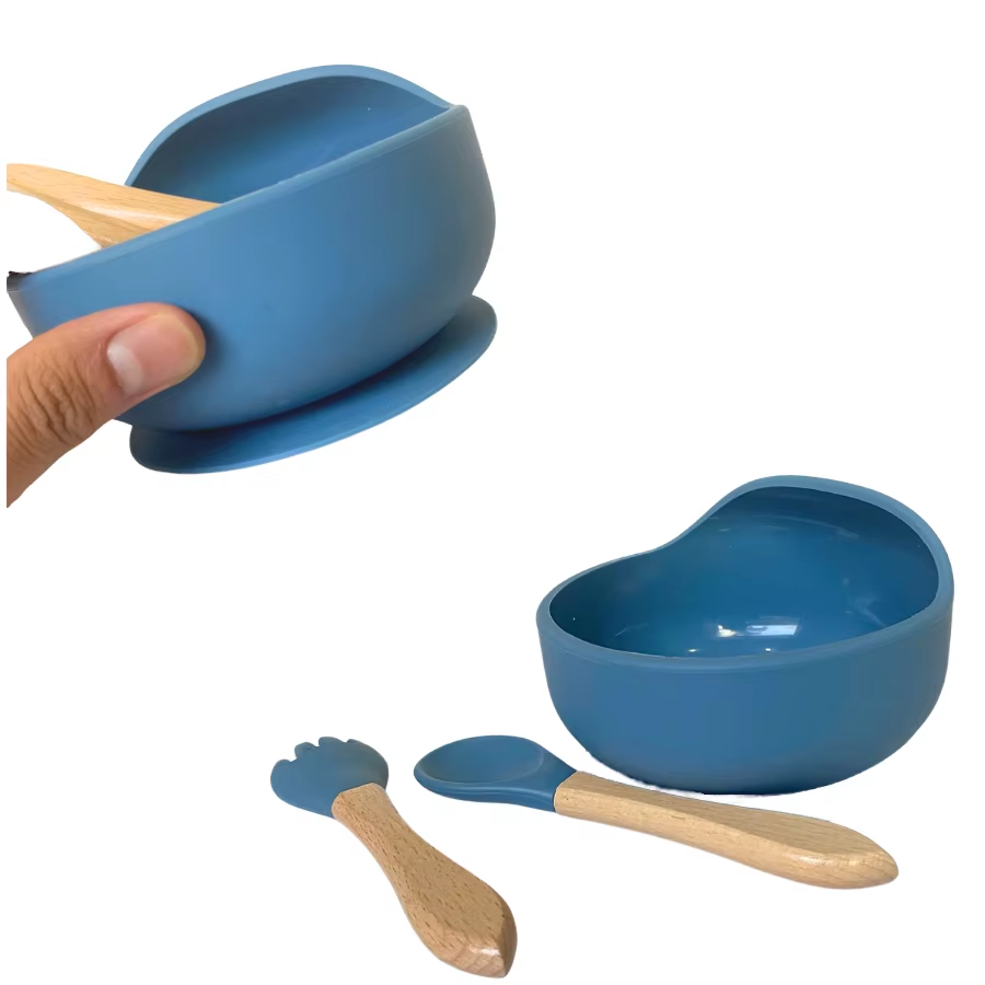 Silicone Bowl with Wooden Handle Spoon & Fork- Momo Tots
