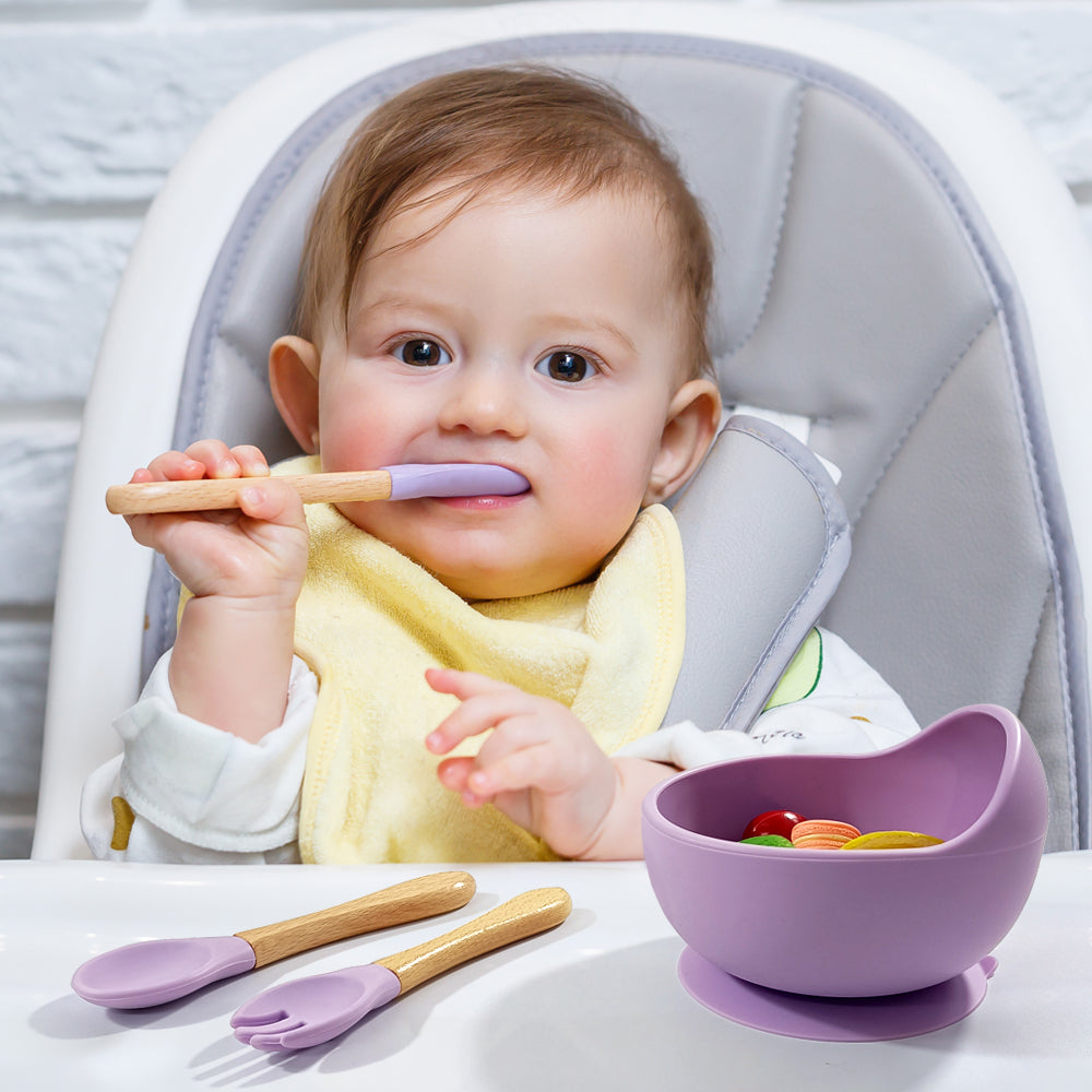 Silicone Bowl with Wooden Handle Spoon & Fork- Momo Tots