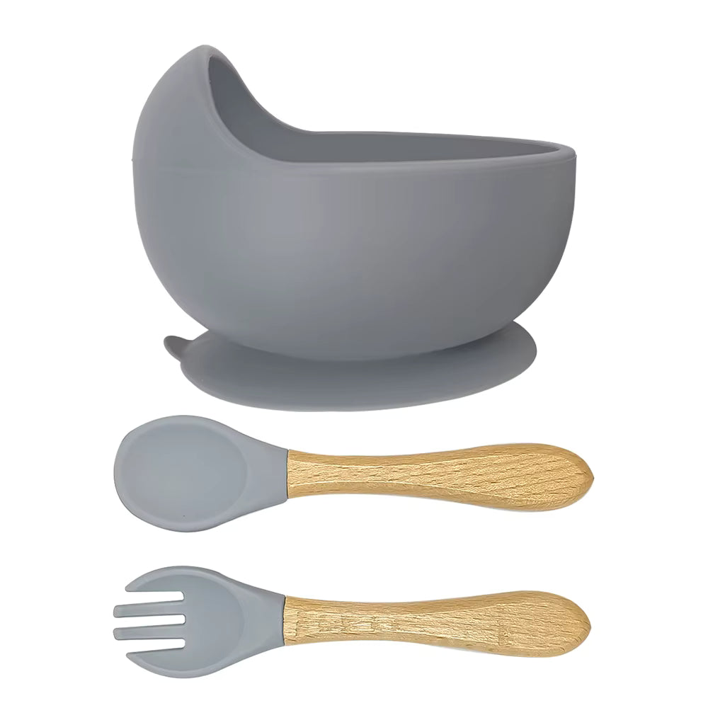 Silicone Bowl with Wooden Handle Spoon & Fork- Momo Tots