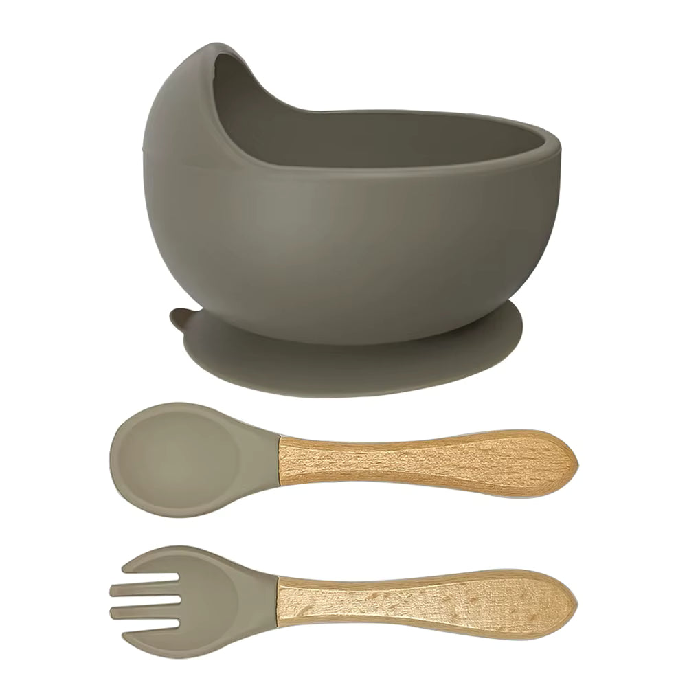 Silicone Bowl with Wooden Handle Spoon & Fork- Momo Tots