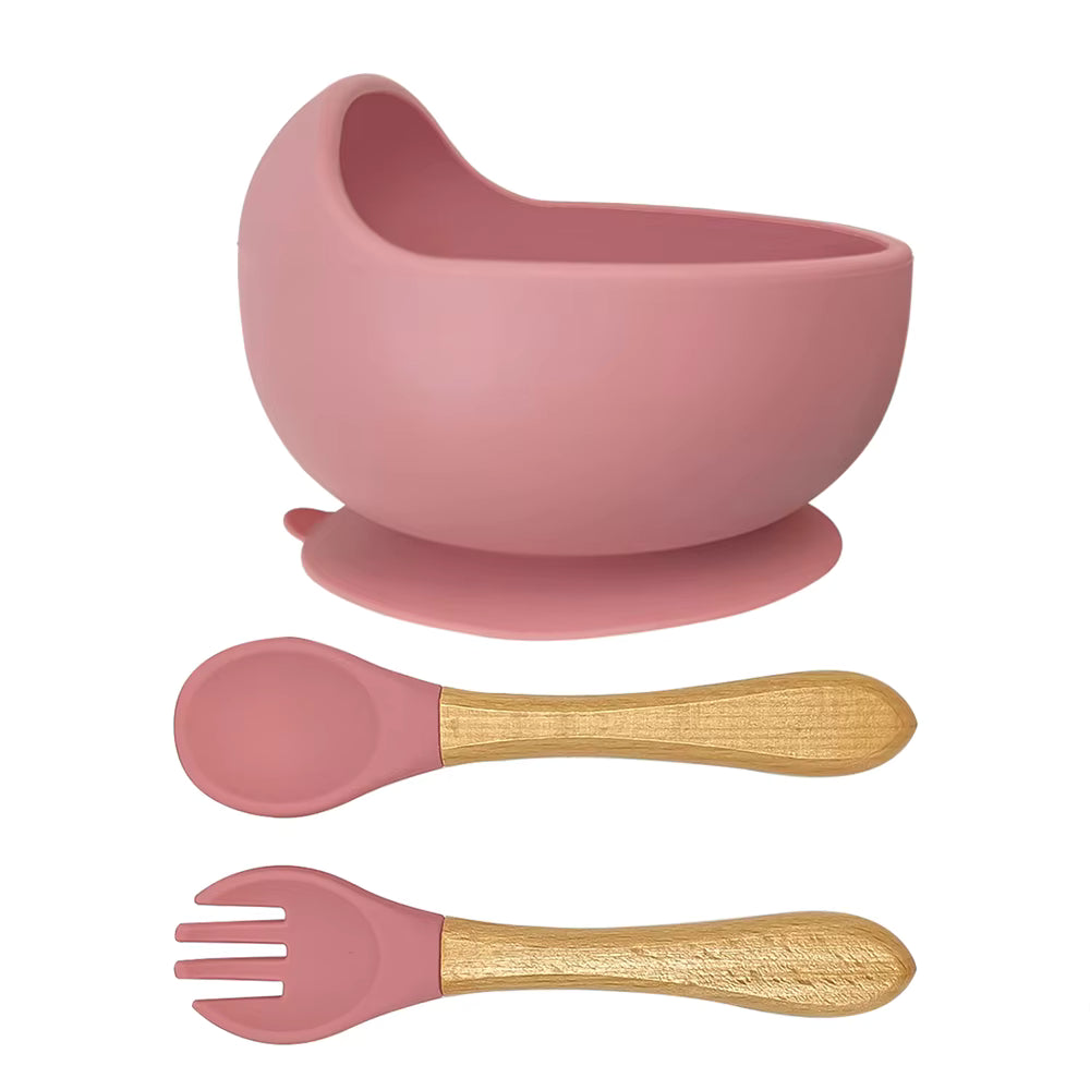 Silicone Bowl with Wooden Handle Spoon & Fork- Momo Tots