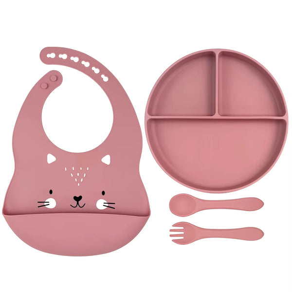 4 Piece Baby Silicone Feeding Set – BPA Free – Bib, Plate, Spoon & Fork