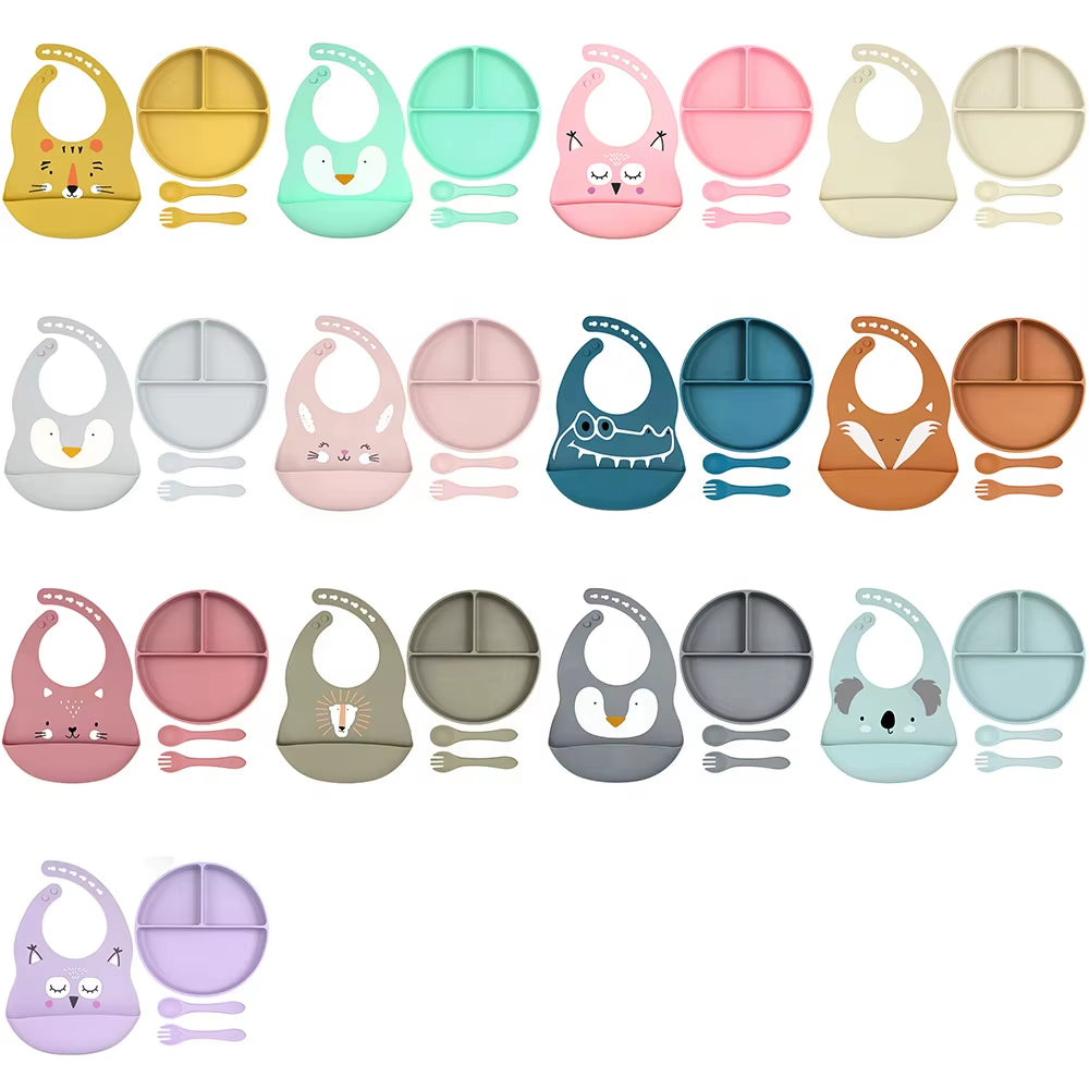 4 Piece Baby Silicone Feeding Set – BPA Free – Bib, Plate, Spoon & Fork