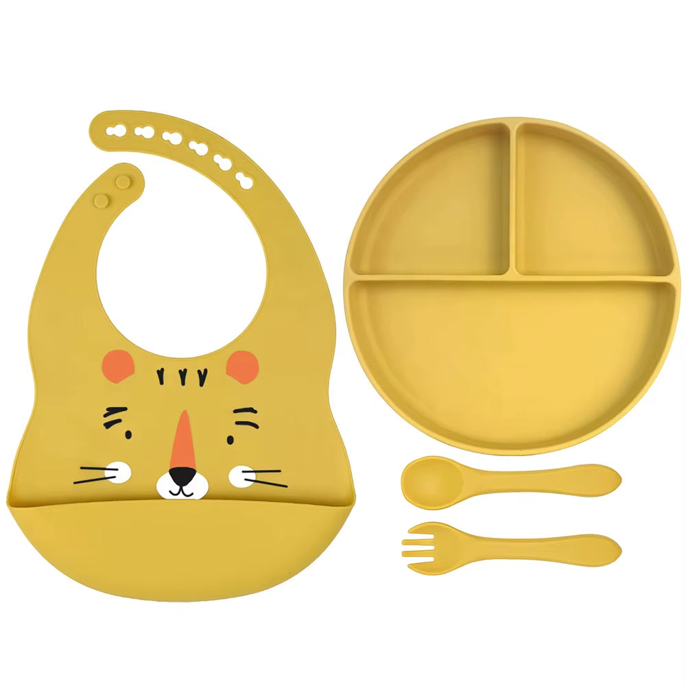 4 Piece Baby Silicone Feeding Set – BPA Free – Bib, Plate, Spoon & Fork