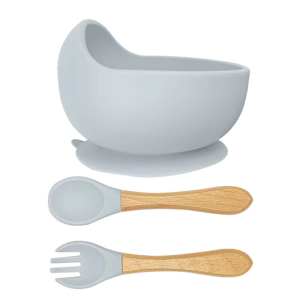 Silicone Bowl with Wooden Handle Spoon & Fork- Momo Tots