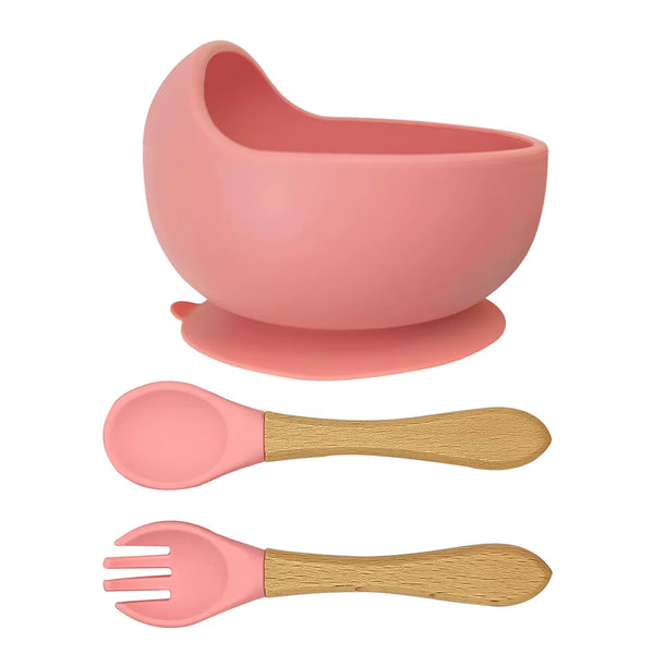 Silicone Bowl with Wooden Handle Spoon & Fork- Momo Tots