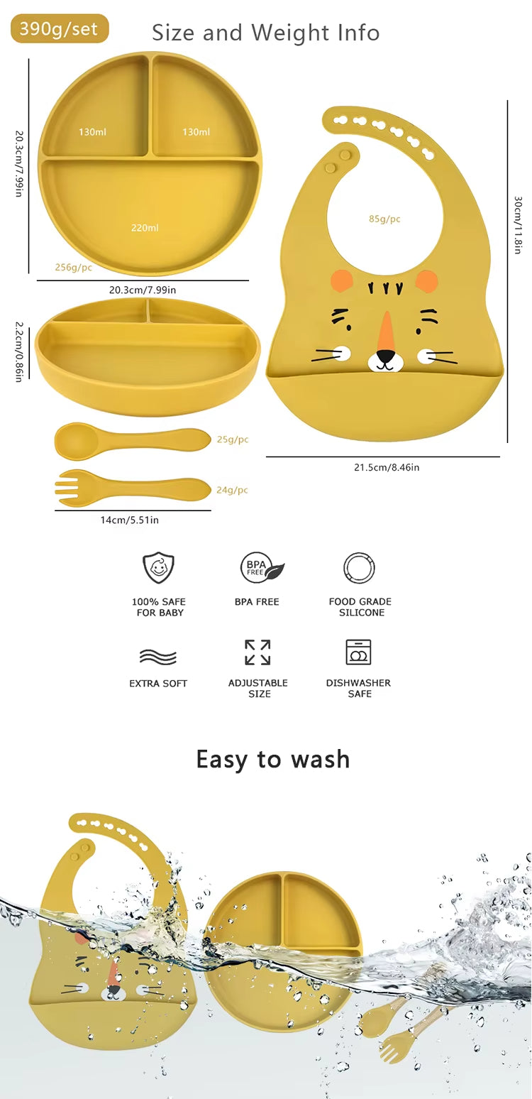 4 Piece Baby Silicone Feeding Set – BPA Free – Bib, Plate, Spoon & Fork